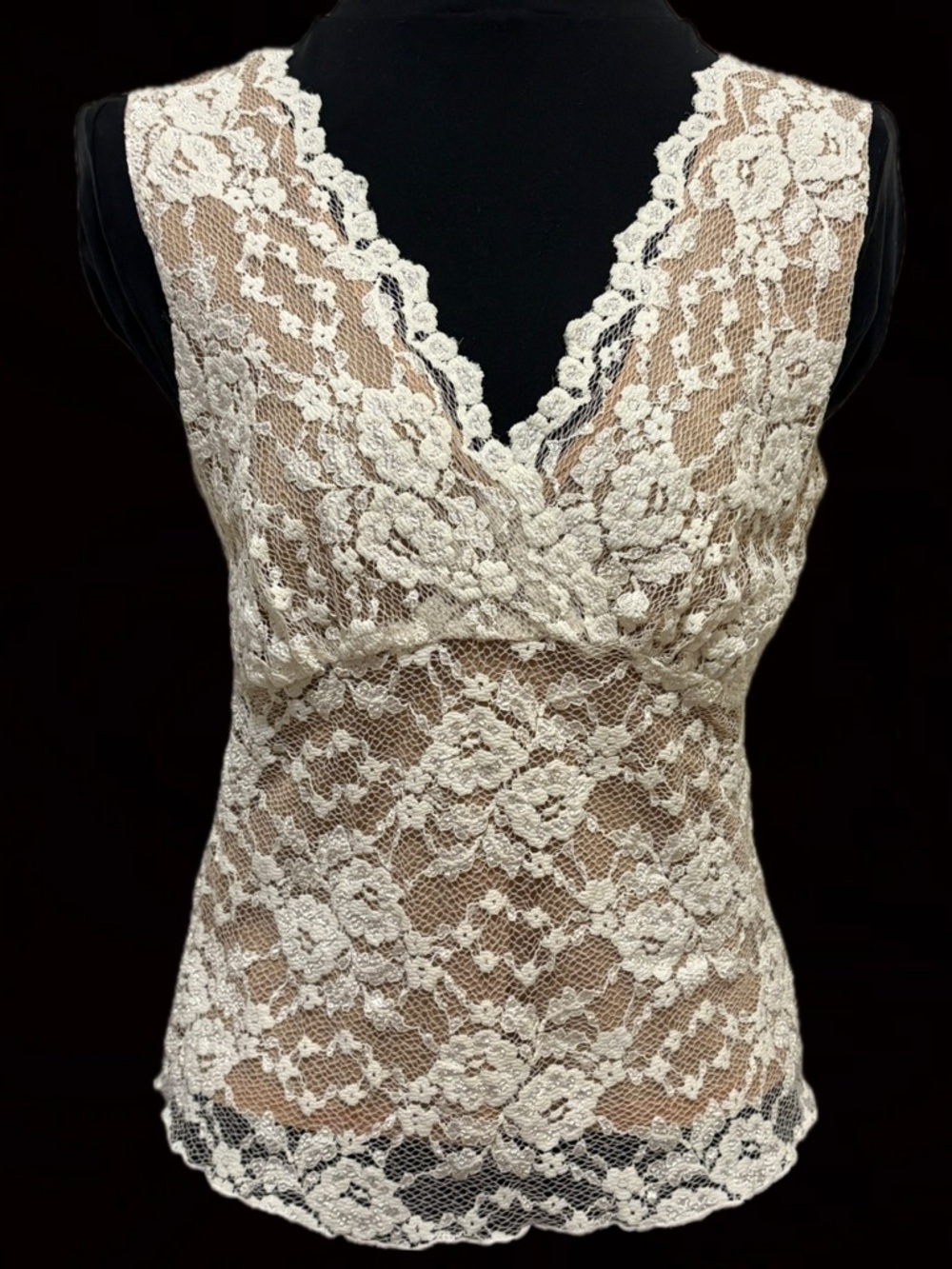 CAbi Cream Floral Lace V-Neck Sheer Tank
